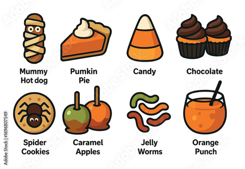 Halloween treats: cartoon hotdog, pumpkin pie, candy, chocolate cupcakes, spider cookies