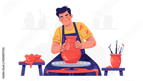 Creating Ceramics: A skilled artisan is completely immersed in the art of pottery, skillfully shaping clay on a potter's wheel. The artist is diligently crafting a ceramic masterpiece.