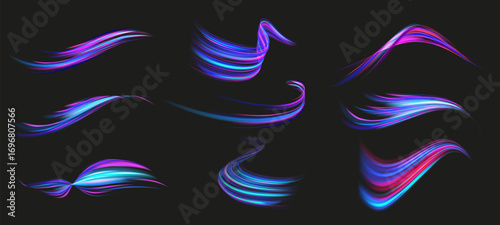 Speed light lines. Fast neon streaks, dynamic glowing energy swirl ribbons, futuristic speed motion effect and colorful motion wave trails. Isolated flowing light vector set.