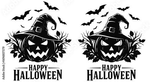 Two spooky pumpkins wearing witch hats isolated on white background, surrounded by bats and branches, wishing everyone a happy halloween celebration