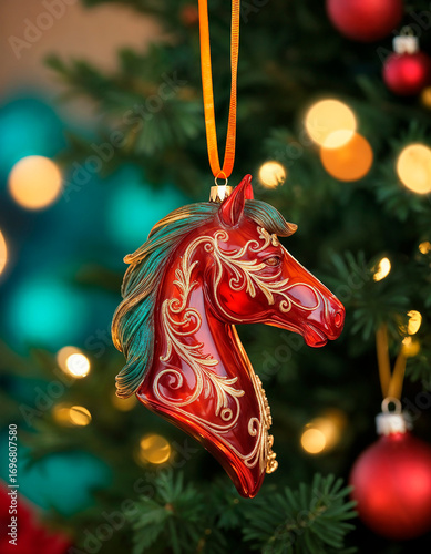 Red Horse Ornament Hanging on a Decorated Christmas Tree with Lights