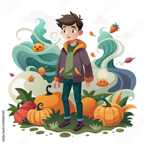 Happy Boy in Autumn Pumpkin Patch