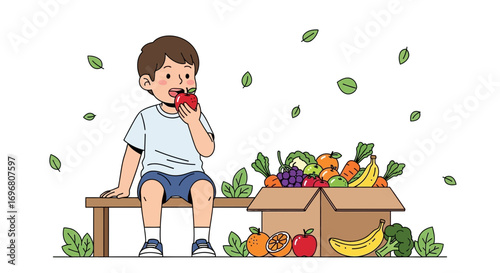 Young Boy Eating Apple Near a Box Filled With Fruits and Vegetables Illustration