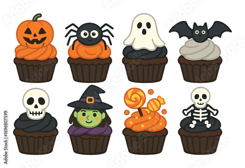 Halloween cupcake designs with pumpkin, spider, ghost, bat, witch, and skeleton toppers