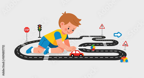 Young Boy Playing With Toy Car on a Road, Childhood Fun and Imagination