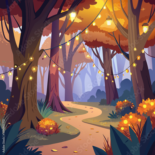 Enchanted Forest Path Illuminated by Lights