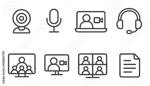 Monochrome communication icons for video calls and online meetings