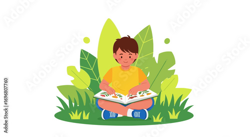 Young Boy Reading A Nature Book Amidst Green Leaves, Botanical Learning Concept