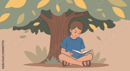 Young Boy Reading Under The Shade Of A Tree Enjoying Peace And Tranquility