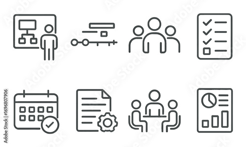 Business strategy icons: workflow, team, checklist, calendar, reports