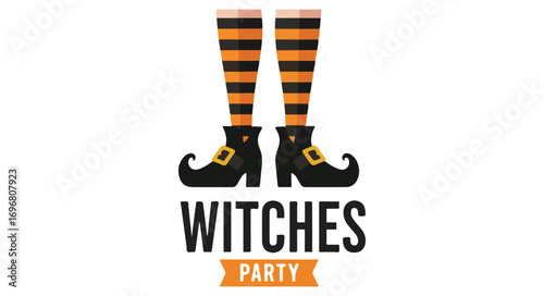 Witches party invitation isolated on white background featuring striped stockings and shoes, perfect for halloween celebrations and spooky gatherings