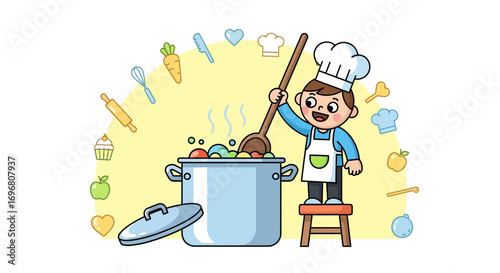 Young Chef Stirring Pot Of Food, Cooking Up a Healthy Meal In a Kitchen Setting