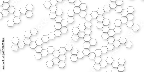 geometric repetition and depth of the hexagonal grid, A pattern of white hexagon shapes arranged subtle shadows that create a three-dimensional, layered effect.