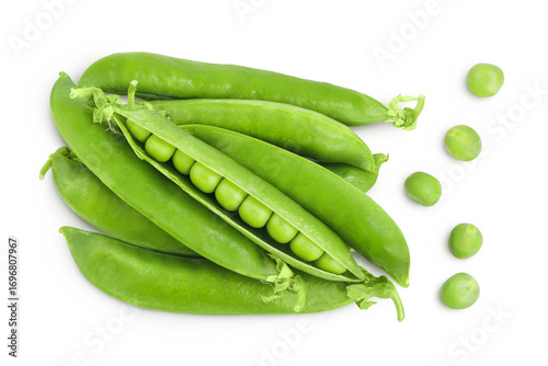 Wallpaper Mural Fresh green pea pod with beans isolated on white background. Top view. Flat lay Torontodigital.ca