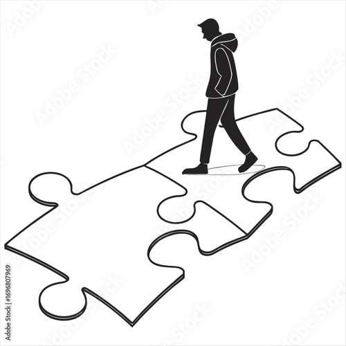 Silhouette of a person standing in the middle of two giant puzzle pieces slowly sliding together.