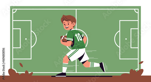 Young Football Player Running On Field, American Sports Theme, Vector Illustration