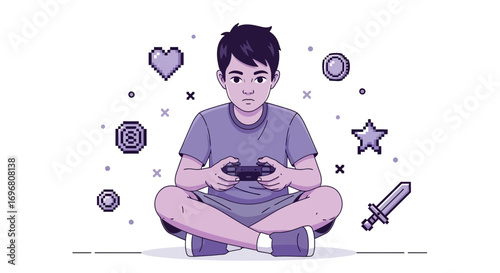 Young Gamer Engaged In Playtime, Holding a Controller on a White Background