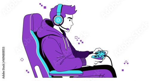 Young Gamer Concentrated on Digital Play, Joyfully Immersed in Virtual Reality Gameplay