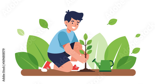 Young Gardener Planting, Nurturing, And Growing A Sapling For The Planet
