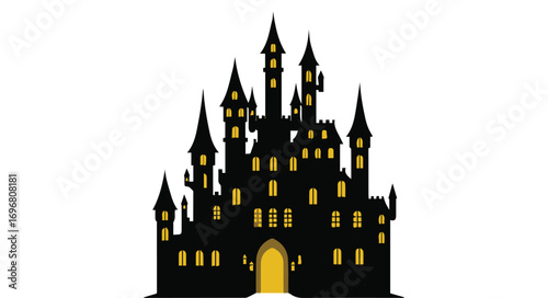 Spooky castle silhouette isolated on white background with glowing windows and intricate architecture, evoking a sense of mystery and enchantment