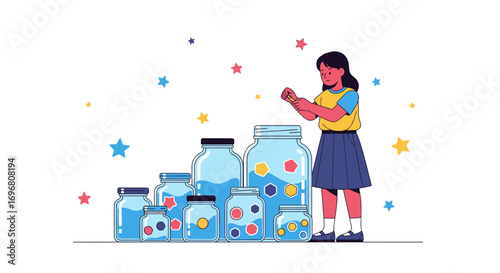 Young Girl Adding Items Into Jars Indicating Progression, Savings, And Goals Achievement