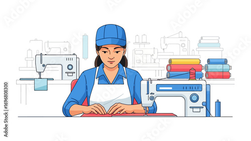 Crafting Creation: A skilled individual meticulously operates a sewing machine, engrossed in the art of dressmaking within a well-equipped workshop setting.