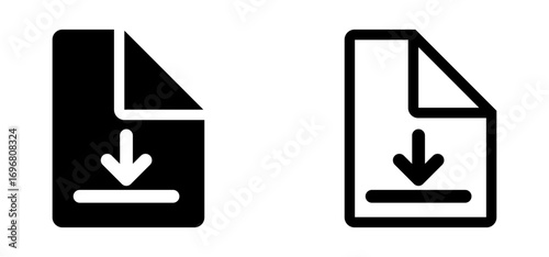 Vector icon of a document with a downward arrow representing file download, digital data transfer, software downloading, and online content access.
