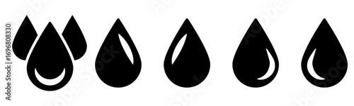 Set of black water droplet icons in simple silhouette style, vector illustration representing liquid, rain, drop, purity, hydration, and natural elements.