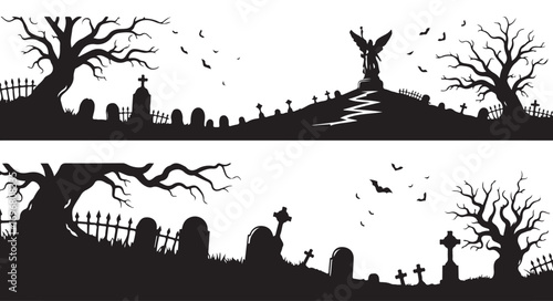 Eerie graveyard silhouettes isolated on white background with tombstones, trees, and an angel statue creating a spooky and atmospheric halloween scene