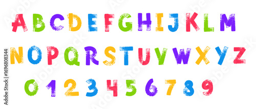 Grunge brush capital letters. Hand drawn colorful alphabet, rough textured uppercase letters and numbers with textured paint effect for artistic typography. Custom typeface symbols vector set.