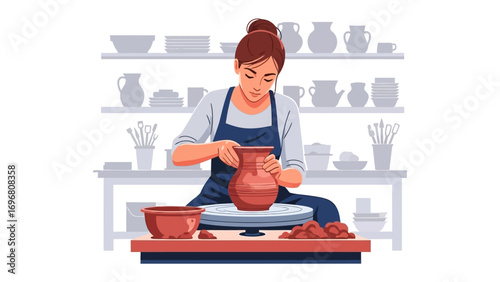 Crafting Creativity: A dedicated craftswoman shapes clay on a pottery wheel within her studio, bringing a piece of functional art to life. Illustrating the dedication and skill