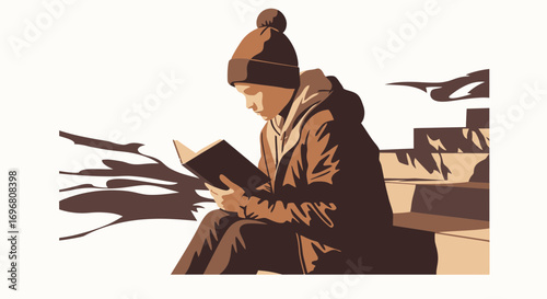 Young Individual Immersed In Reading A Book While Comfortably Seated Outdoors In Sunlight