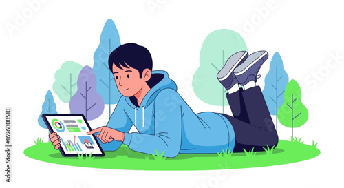 Young Man Analyzing Data on Tablet Outdoors Under Trees in Relaxing Environment