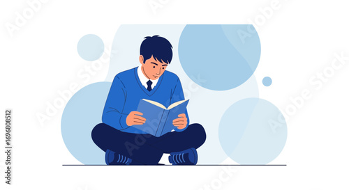 Young Man Absorbed In Study, Deep In Thought While Reading A Book In Blue Hues