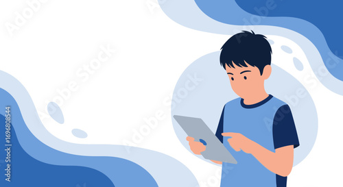 Young Male Digitally Engaged, Using Tablet Computer with Abstract Blue Background