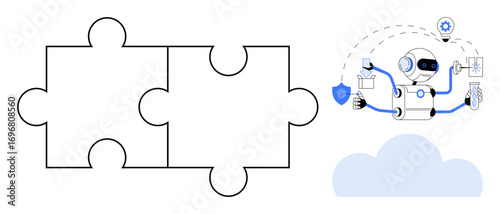Robot completing tasks while connecting puzzle pieces, with cloud and icons representing solution integration. Ideal for technology, AI, automation, innovation, collaboration, problem-solving