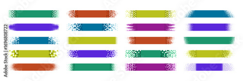 Pixelated shapes. Colorful 8 bit pixel gradient banners, bitmap strip designs with fading pixel edges, Retro digital glitch style horizontal backgrounds vector set.