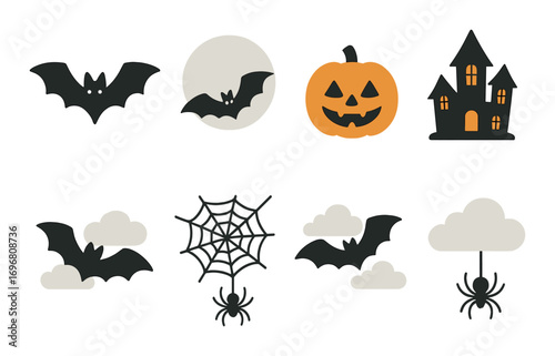 Halloween symbols: bats, full moon, jack-o'-lantern, haunted house, spiders, clouds, web