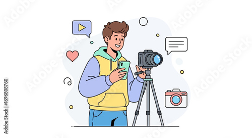 Young Man Filming Content for Social Media Platforms Using Professional Equipment Online