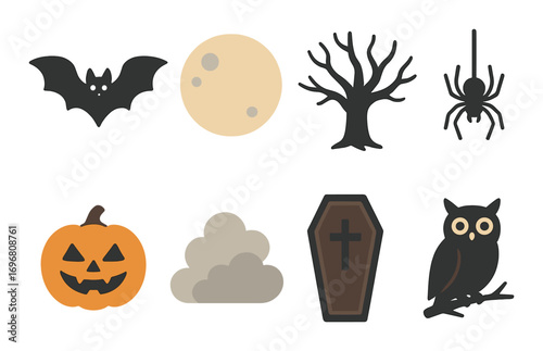 Halloween symbols: bat, moon, tree, spider, pumpkin, cloud, coffin, owl
