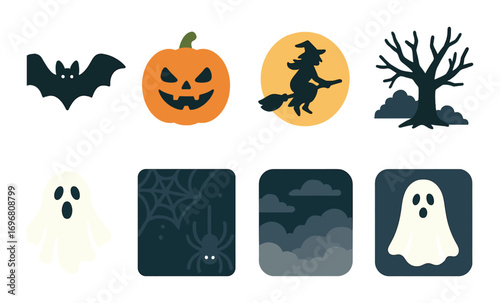 Halloween icons: pumpkin, witch, bat, tree, ghosts, spider, night sky