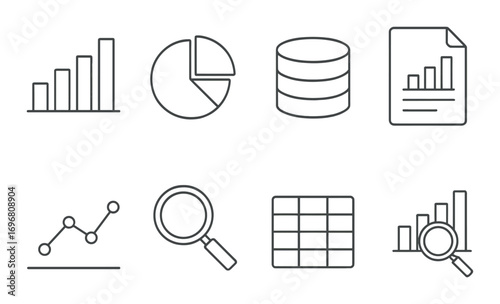 Monochrome business icons for data analysis and reporting