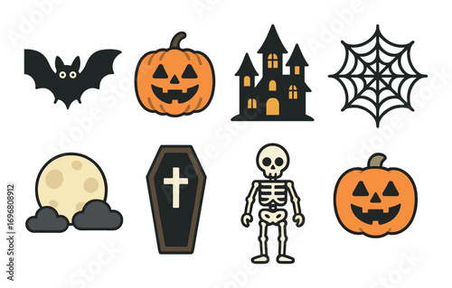 Halloween icons: pumpkins, skeleton, haunted house, bat, moon, coffin, spider web