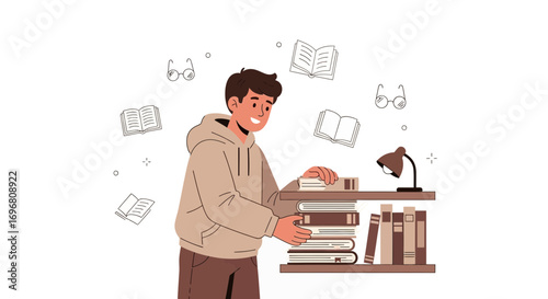 Young Man Organizes Books On Shelf, Reading and Study Illustration Concept