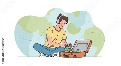 Young Man Packs Suitcase While Listening Music Anticipating Upcoming Trip