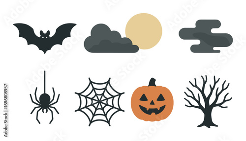 Spooky halloween icons: bat, moon, clouds, spider, web, pumpkin, tree on dark background