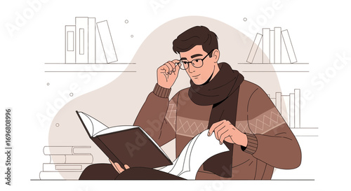 Young Man Reading Book And Researching With Glasses In Front Of Bookshelf