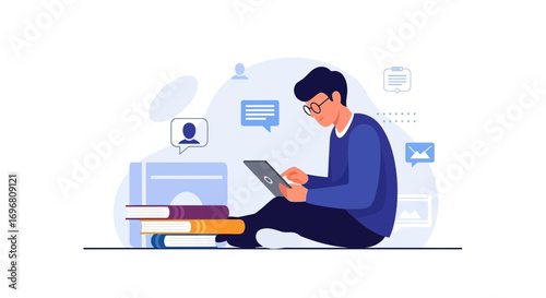 Young Man Utilizing Tablet With Books And Social Icons, Learning Or Working Online