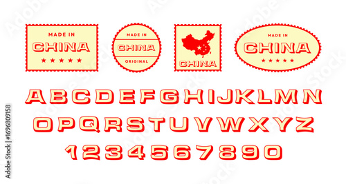 Asian typeface. Chinese font for retro badge stamps and made in China label designs. Stylized letters and numbers, decorative oriental alphabet vector set.