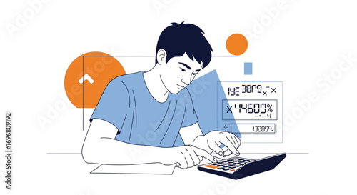 Young Man Working on Calculations and Analyzing Using Calculator and Various Elements